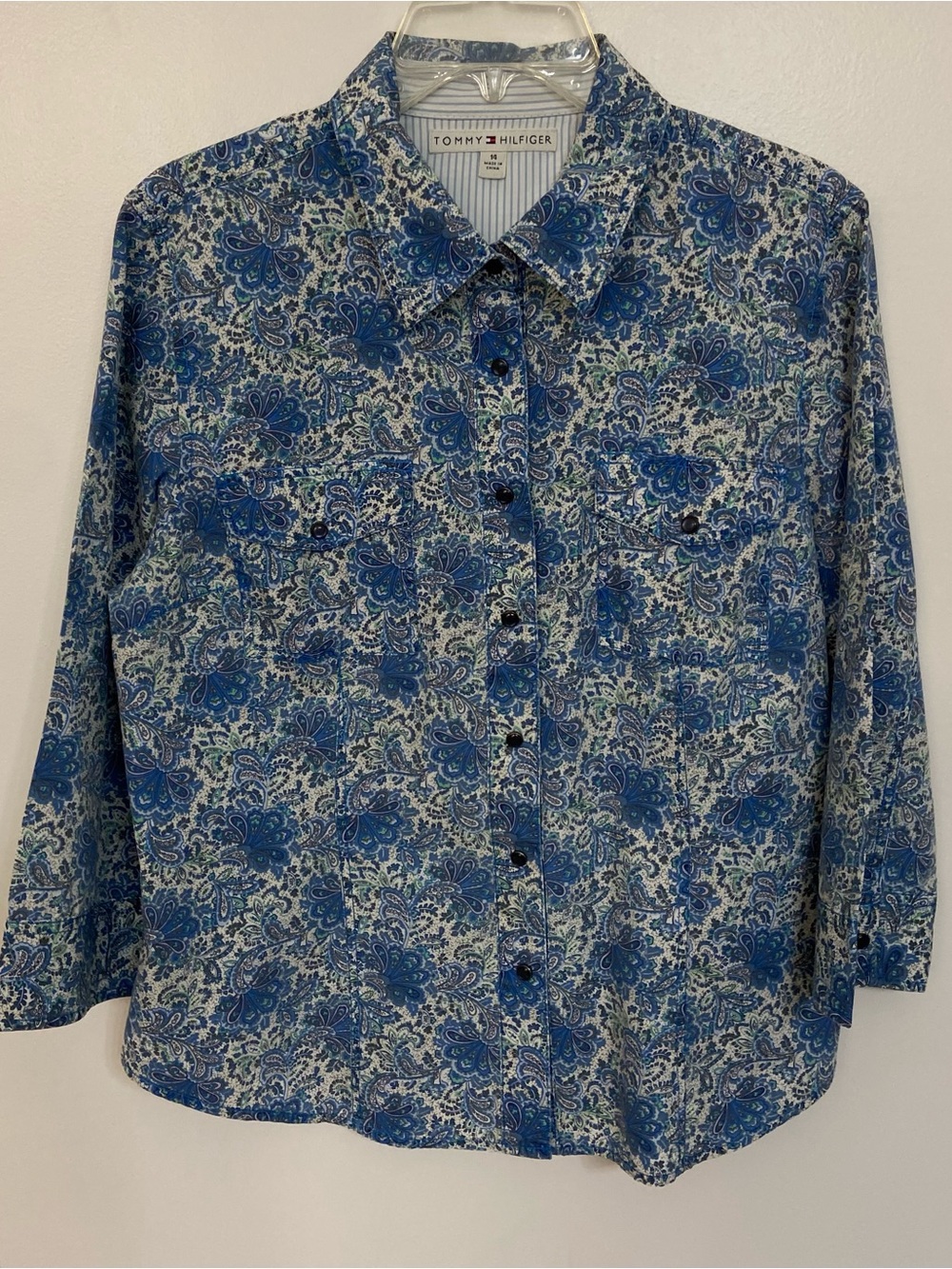Tommy Hilfiger Women’s Size 14 Paisley Shirt Blue Green Cotton Button Front